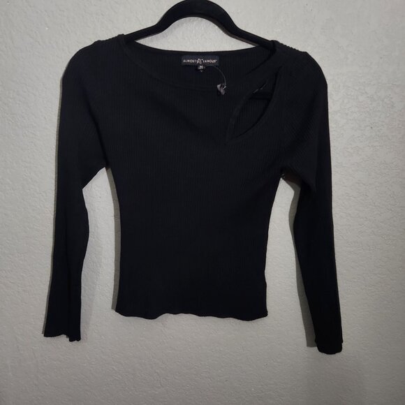 Almost Famous Black Ribbed Long Sleeve Cutout Top Medium - Picture 1 of 9